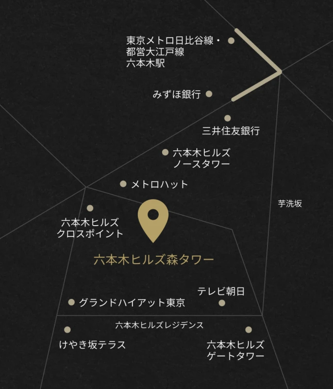 六本木駅から六本木ヒルズ森タワーまでのアクセスルートと周辺施設を示した地図。
